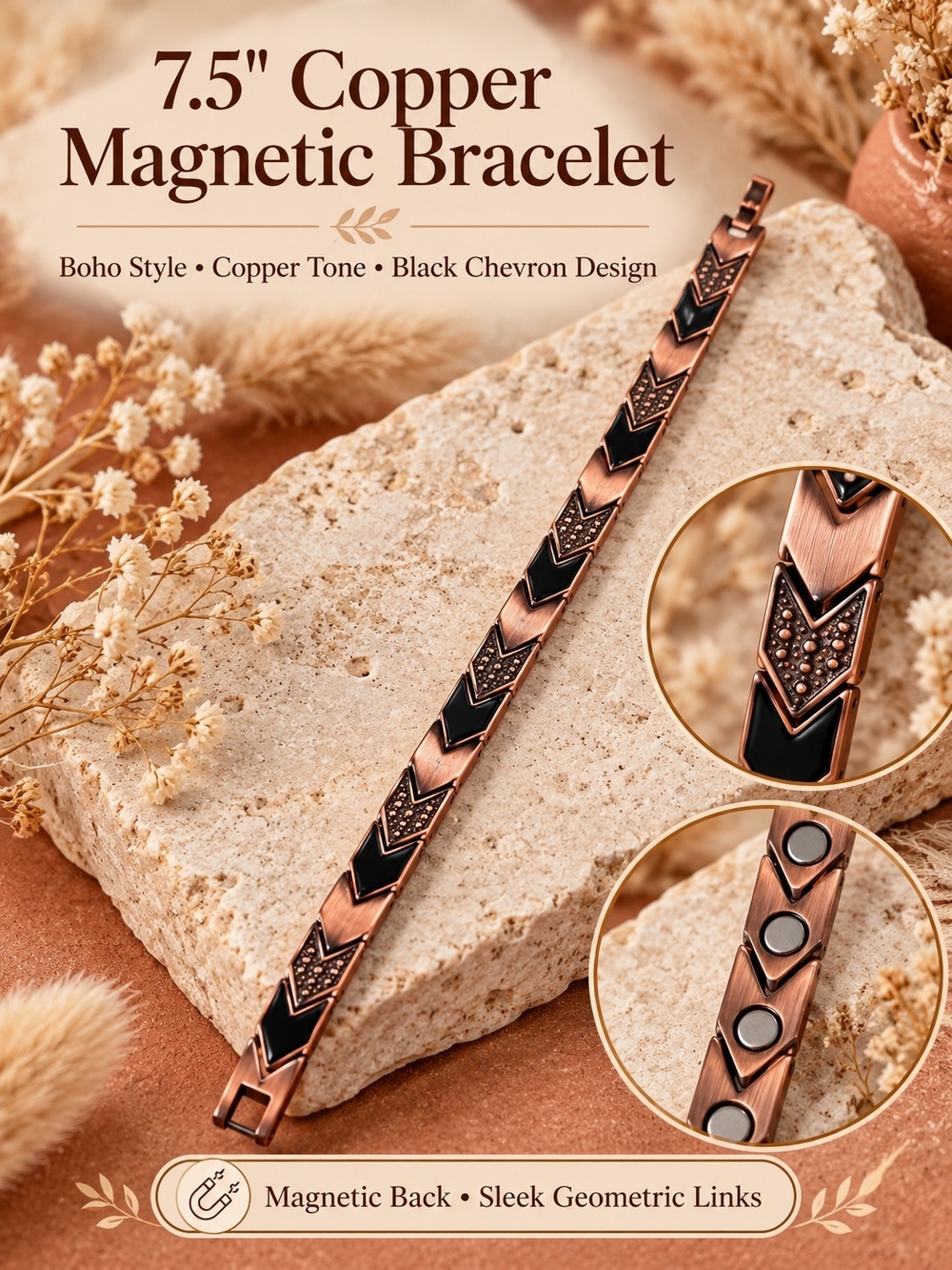 Copper Tone Magnetic Bracelet with Black Chevron Inlay